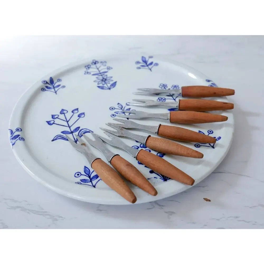 VTG Wood Cocktail Appetizer Fork Set of 8 Japan Midcentury Retro Tiki Party Bar